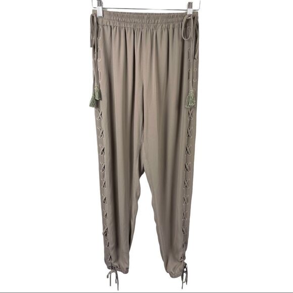𝅺ELIE Tahari Mushroom Taupe Lace Up Tassle Trim Slim Fit Jogger Pants Size XS - Picture 1 of 5